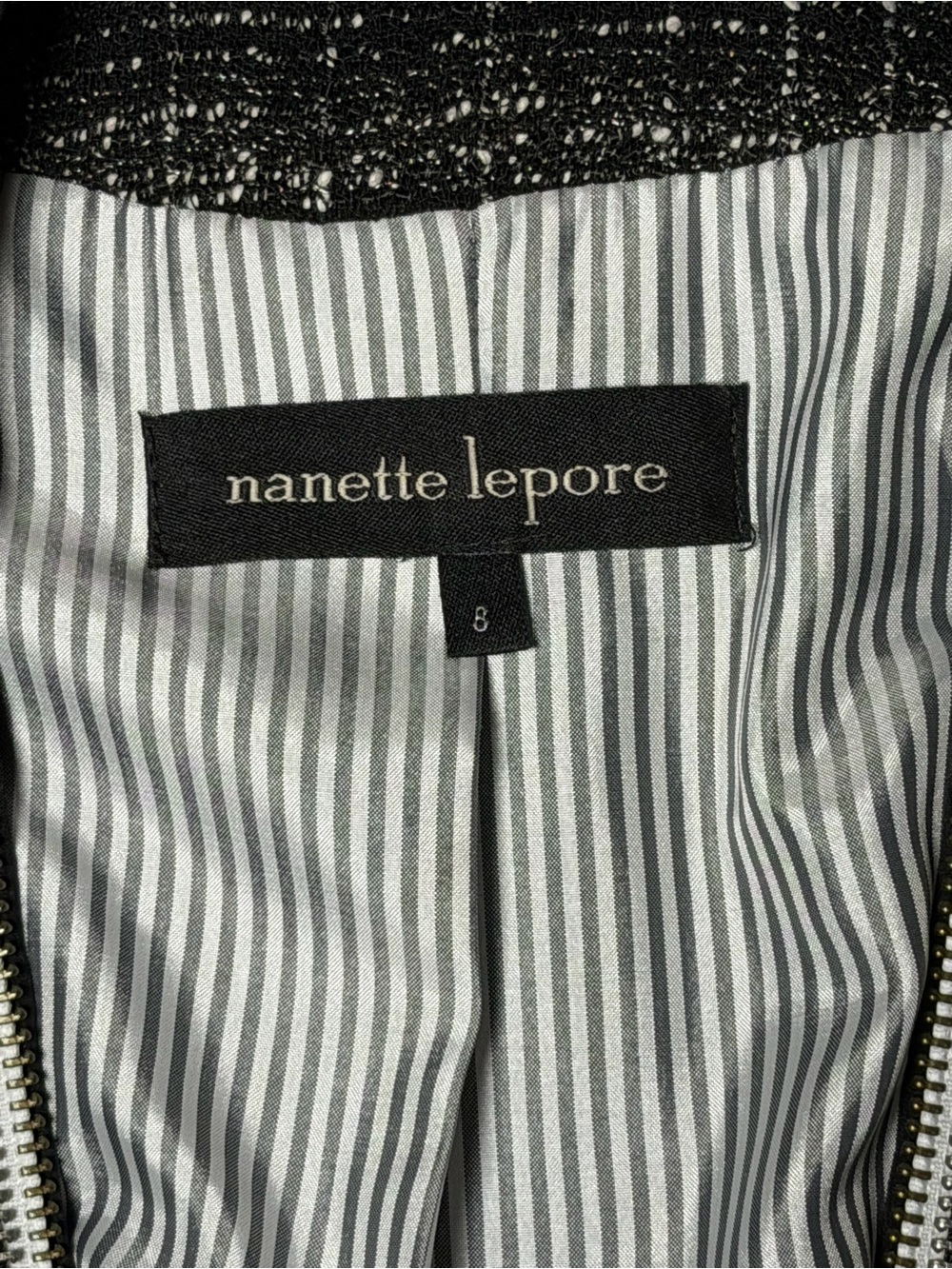 Nanette Lepore Black Tweed Jacket Linen Fringe Zip Made in USA Size 8 Preppy - Picture 4 of 10